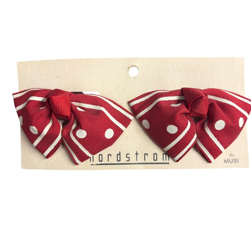 Vintage Nordstrom by MUSI Red Polka Dot Grosgrain Ribbon Shoe Clips‎ Pair 3 Inch